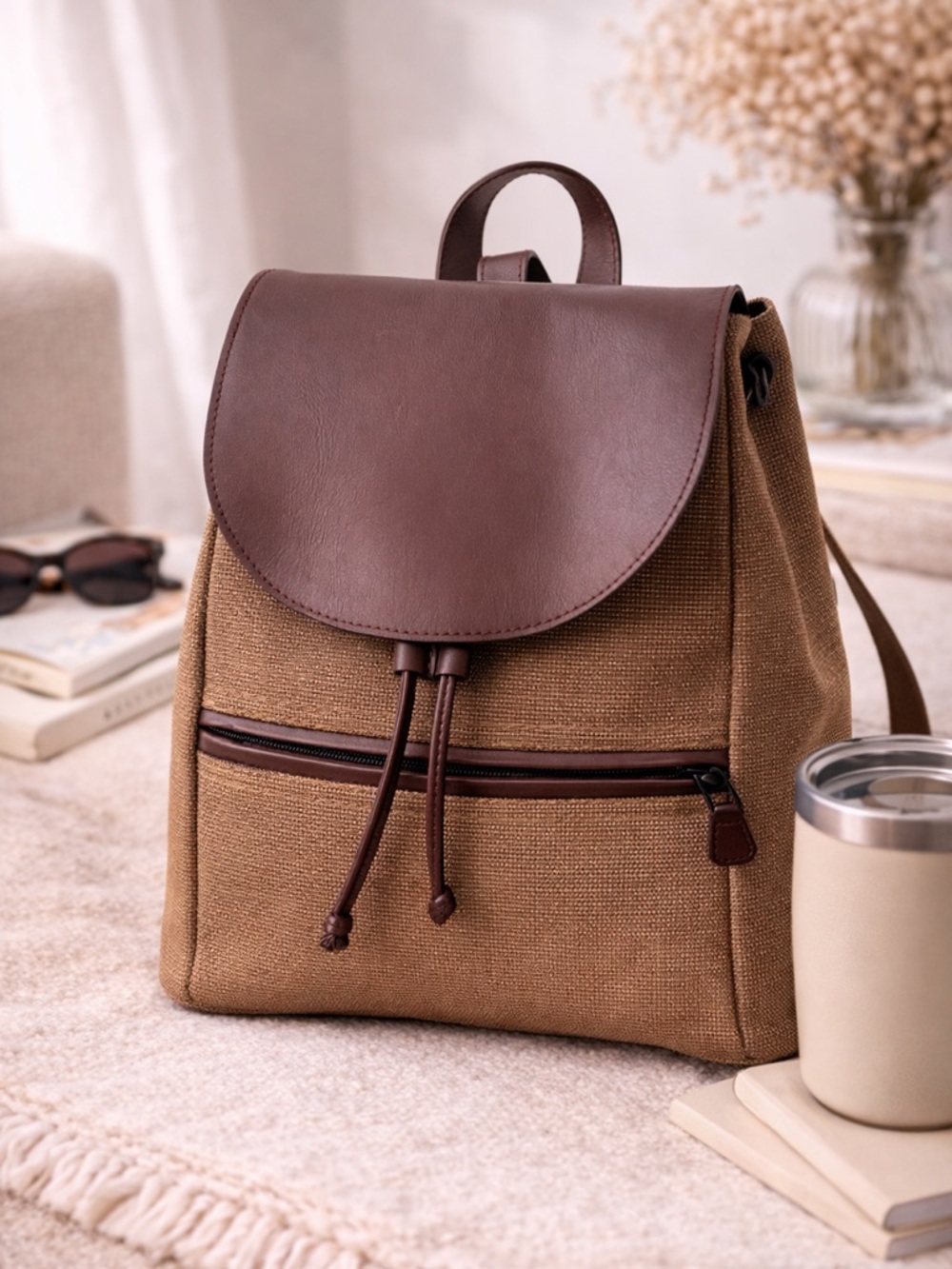LL Bean Brown Canvas & Leather Backpack Minimalist Travel School Bag